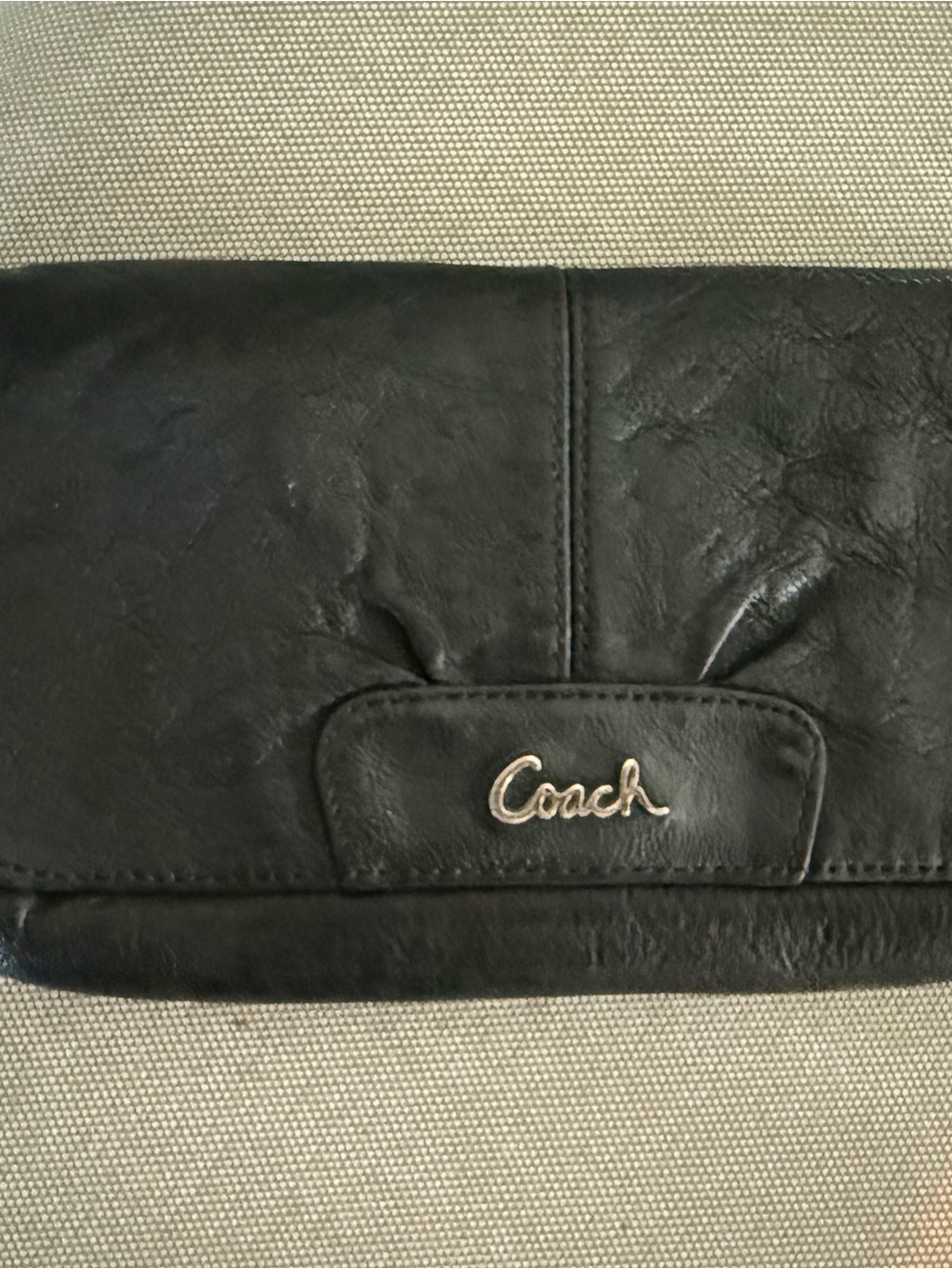 Coach Black Leather Fold-Over Clutch with Script Logo